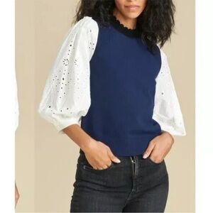 $395 Veronica Beard Roy Mixed-Media Navy White Eyelet Balloon long Sleeve Sz Med